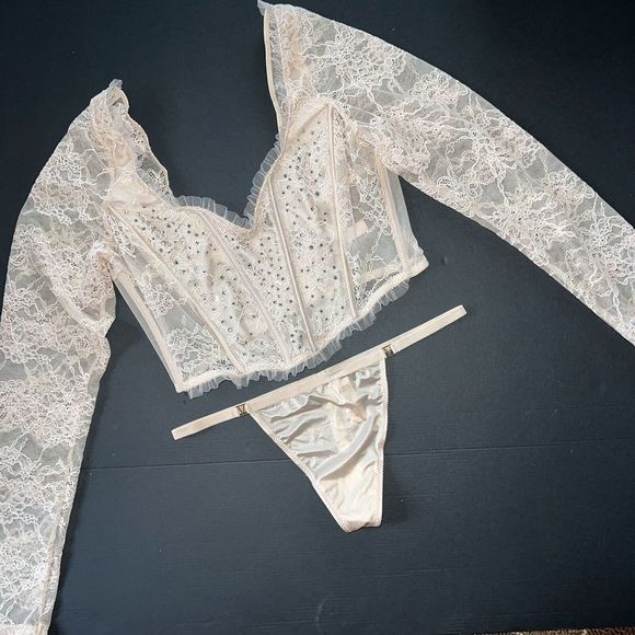 Victoria's Secret Long-sleeve TOP SML BRA SET+M Thong CREAM BEIGE CRYSTALLIZED
